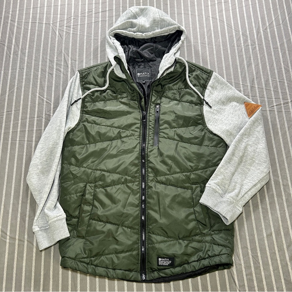 Matix Mens Stylish Olive Puffer Hoodie Snow Winter Jacket Small